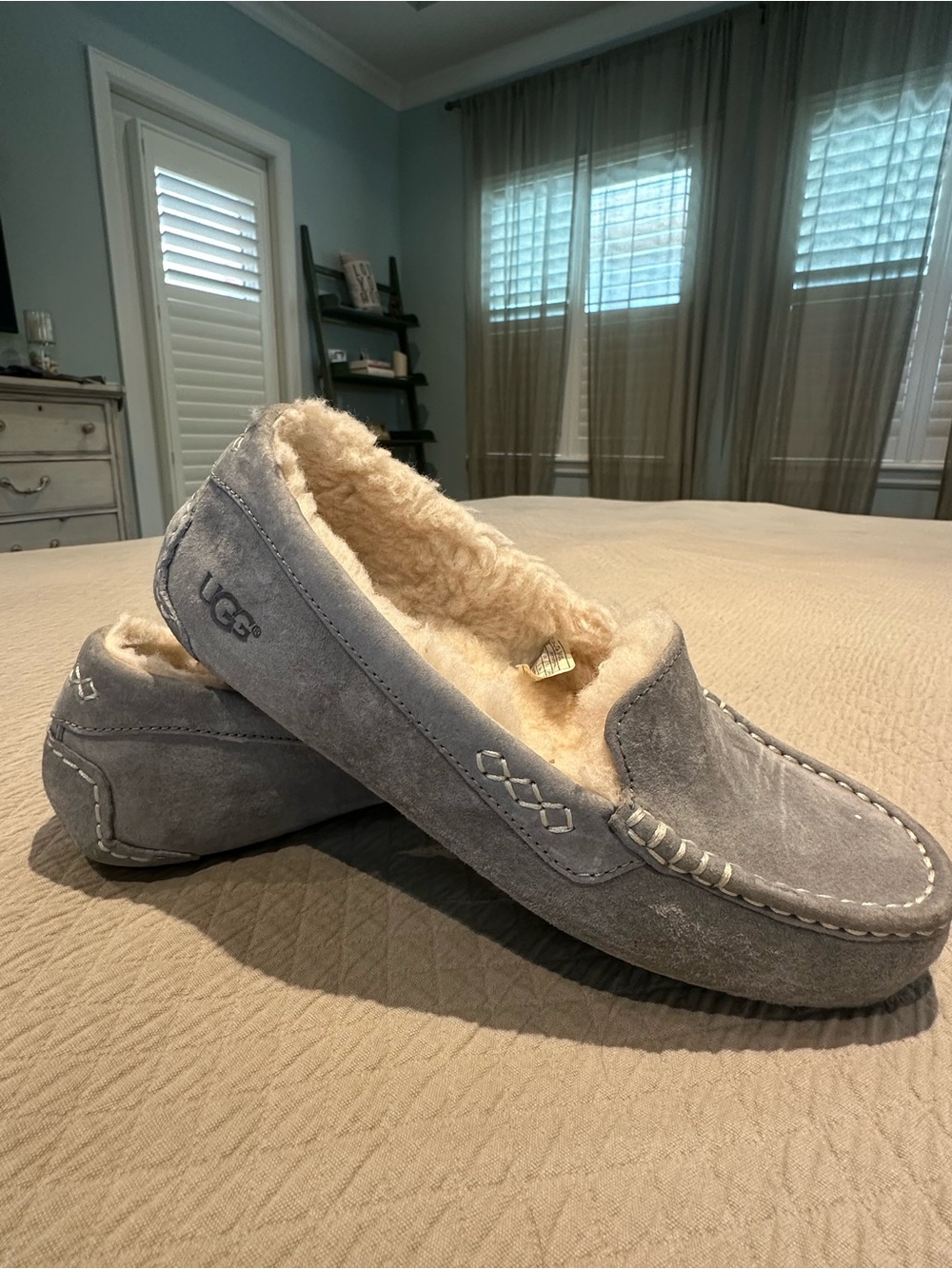 UGG Women’s Light Gray Suede Shearling Moccasin Slippers